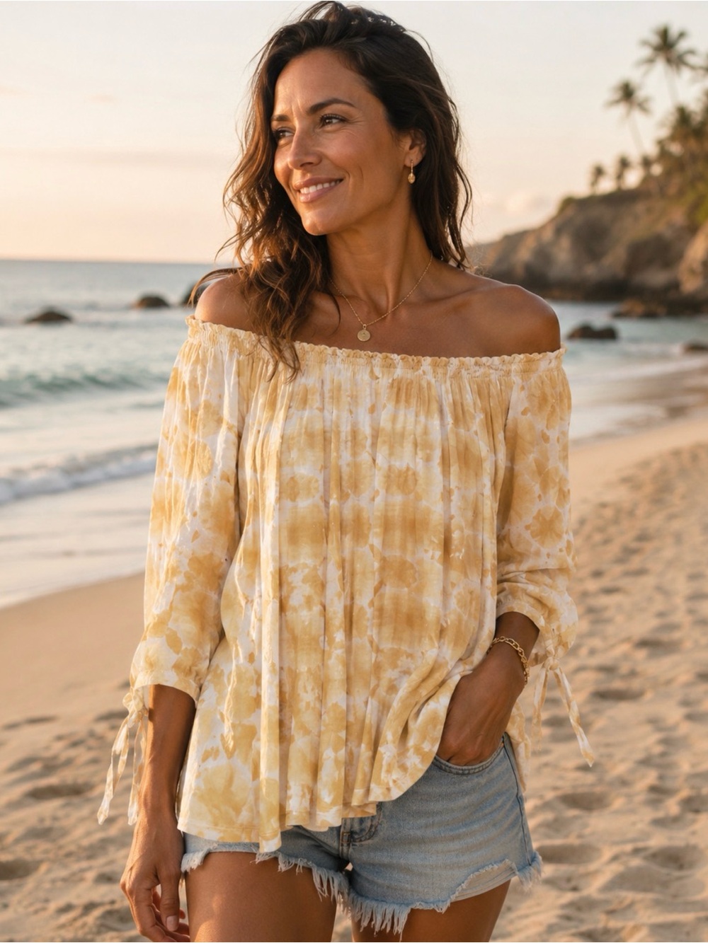 Chico's Yellow Tie-Dye Off-Shoulder Peasant Top